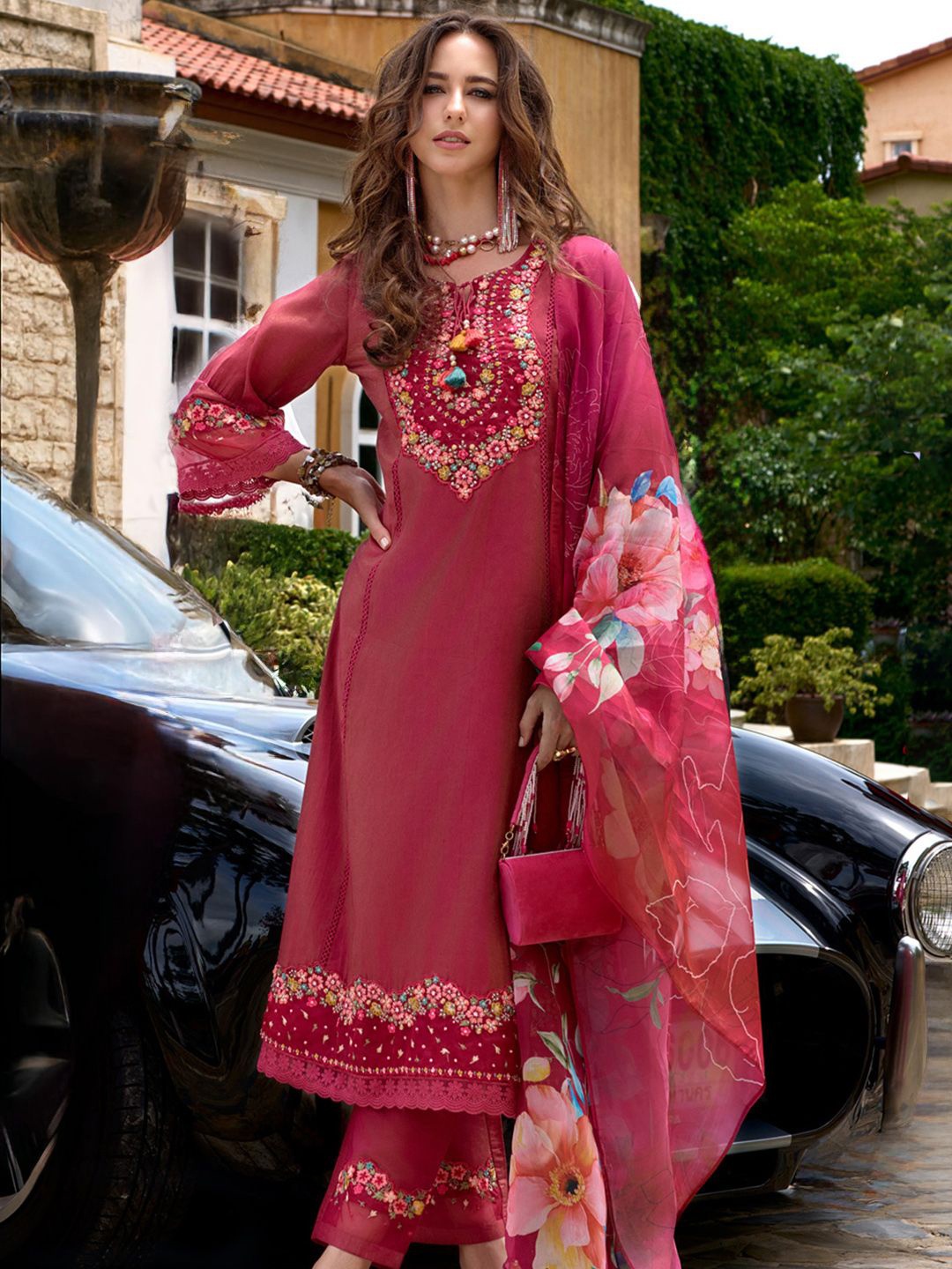 

Indo Era Floral Embroidered Thread Work Kurta with Trousers & Dupatta, Pink