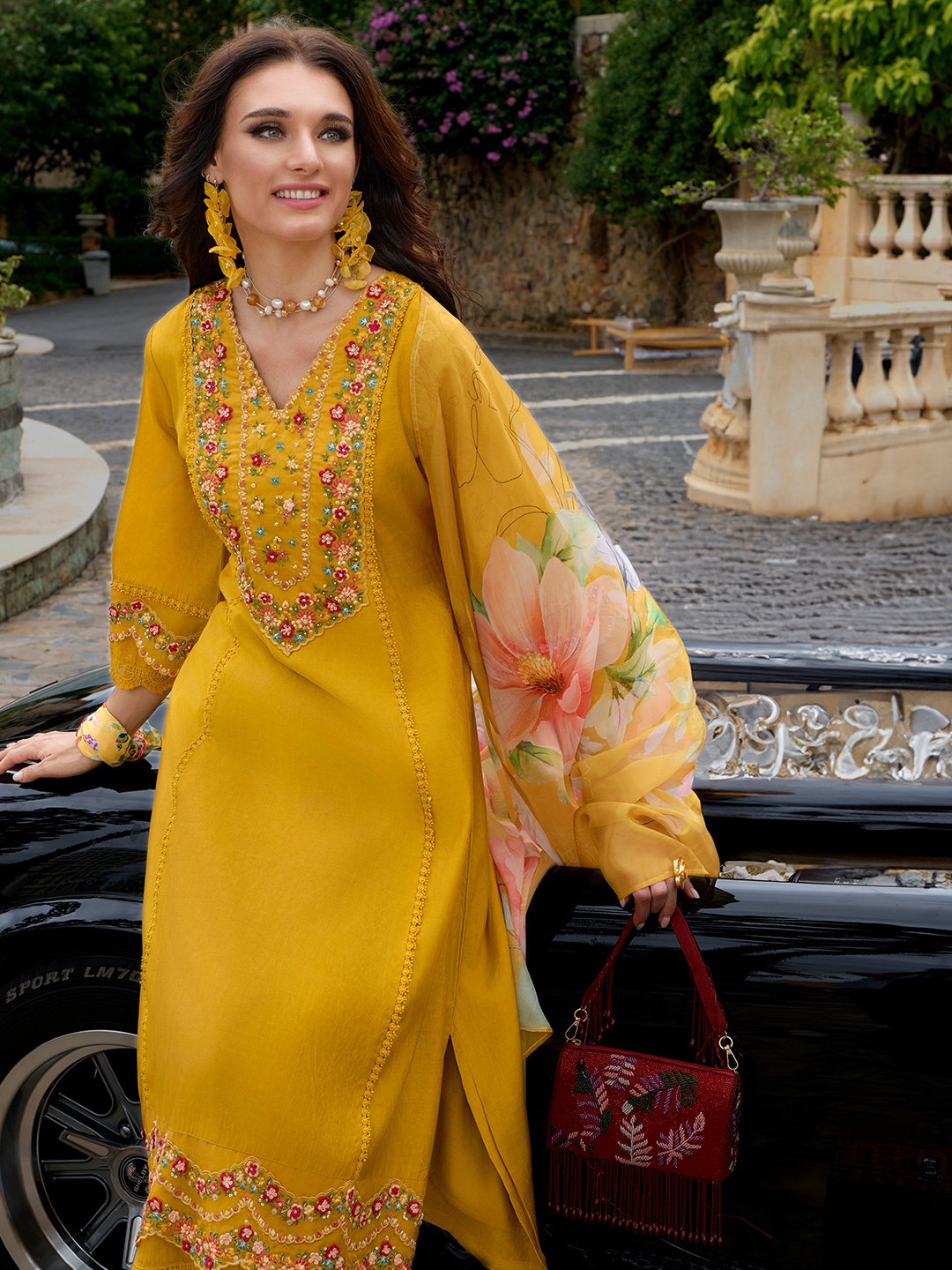Indo Era Floral Embroidered Thread Work Kurta With Trousers & Dupatta, Mustard