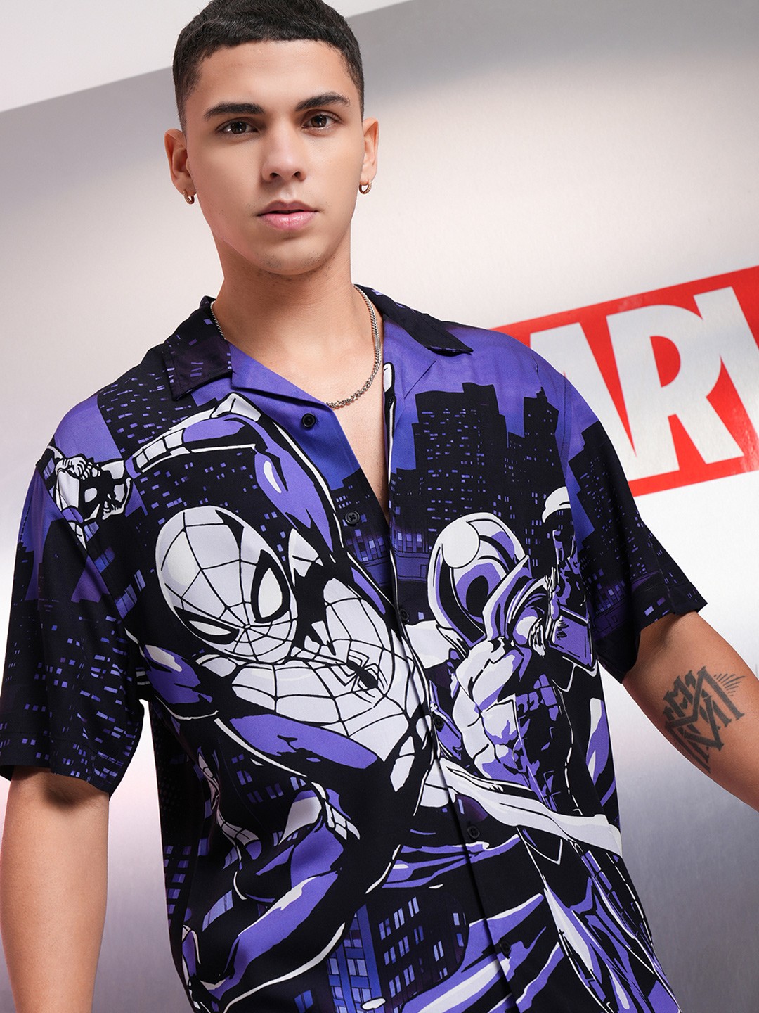 

HIGHLANDER Marvel Men Spider-Man Printed Cuban Collar Viscose Relaxed Shirt, Black