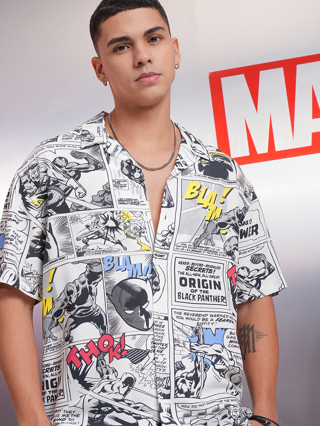 

HIGHLANDER Marvel Men Mui Color Panther Printed Cuban Collar Viscose Relaxed Shirt, White