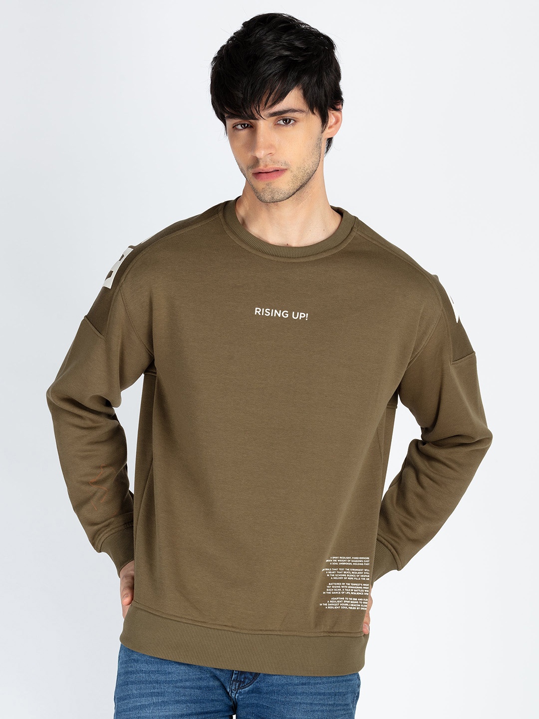 

Status Quo Men Typography Printed Pullover Cotton Sweatshirt, Olive