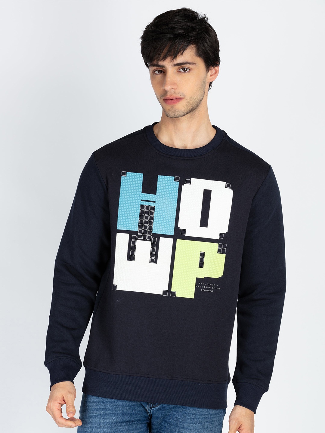 

Status Quo Men Typography Printed Pullover Cotton Sweatshirt, Navy blue