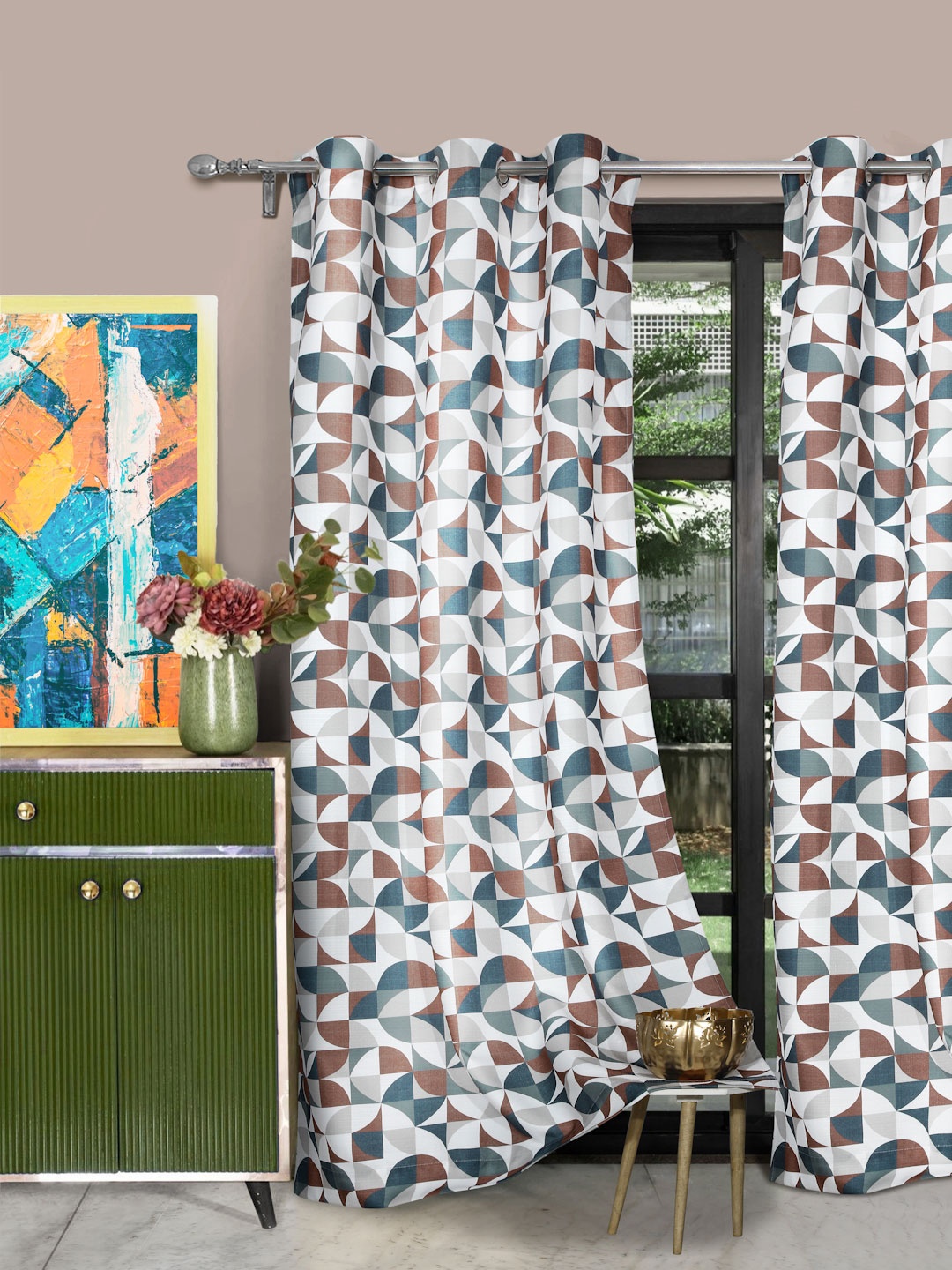 

ROSARA HOME Maroon and White 2 Pieces Geometric Printed Long Door Curtains