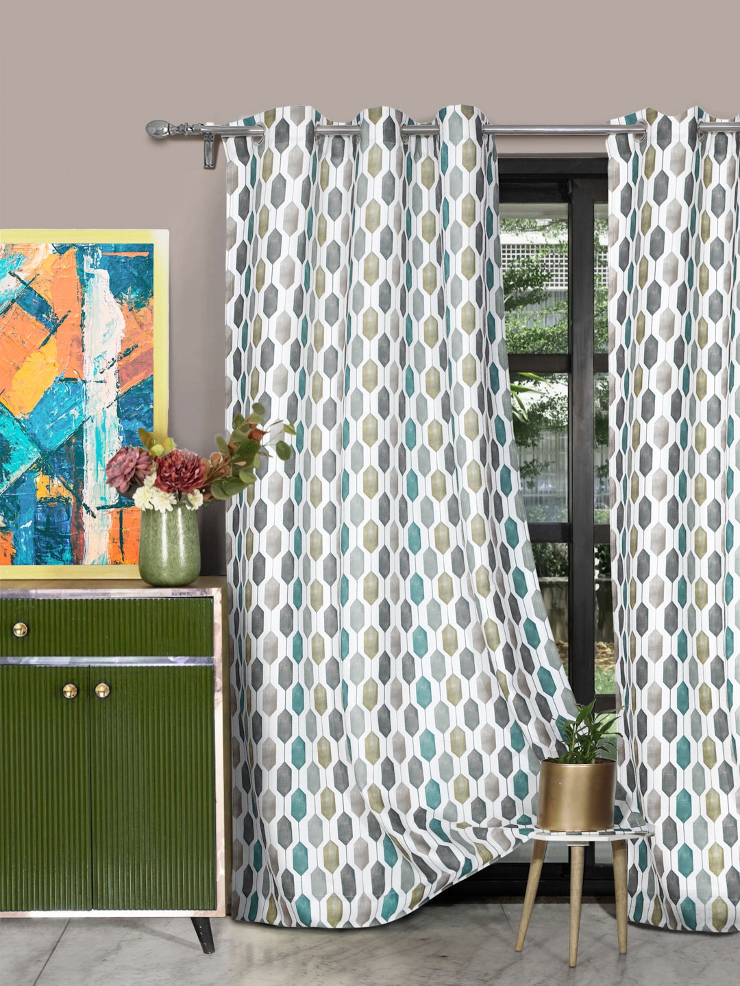 

ROSARA HOME Brown and White 2 Pieces Geometric Printed Long Door Curtains