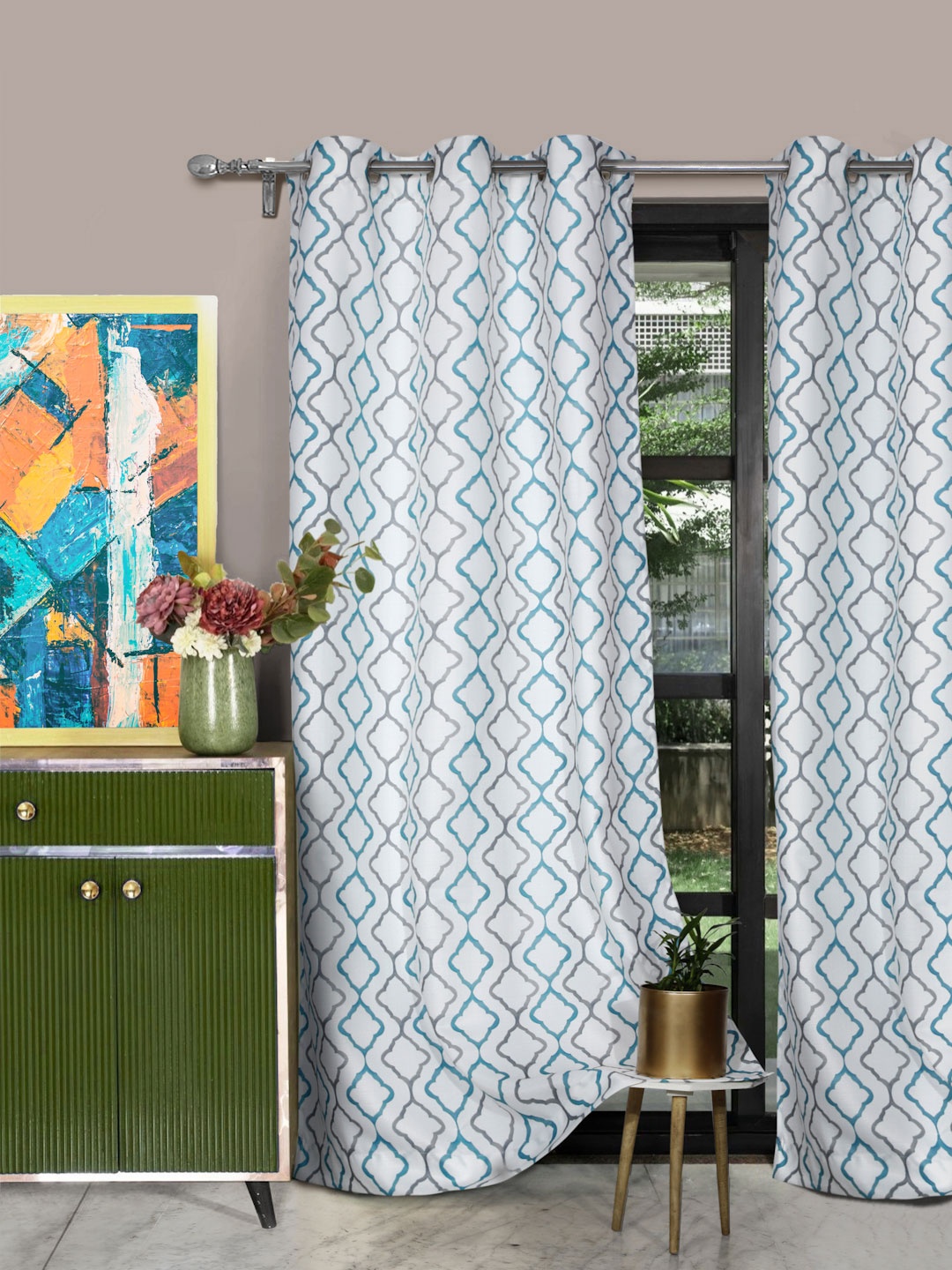 

ROSARA HOME Grey & Green 2 Pieces Geometric Printed Long Door Curtains
