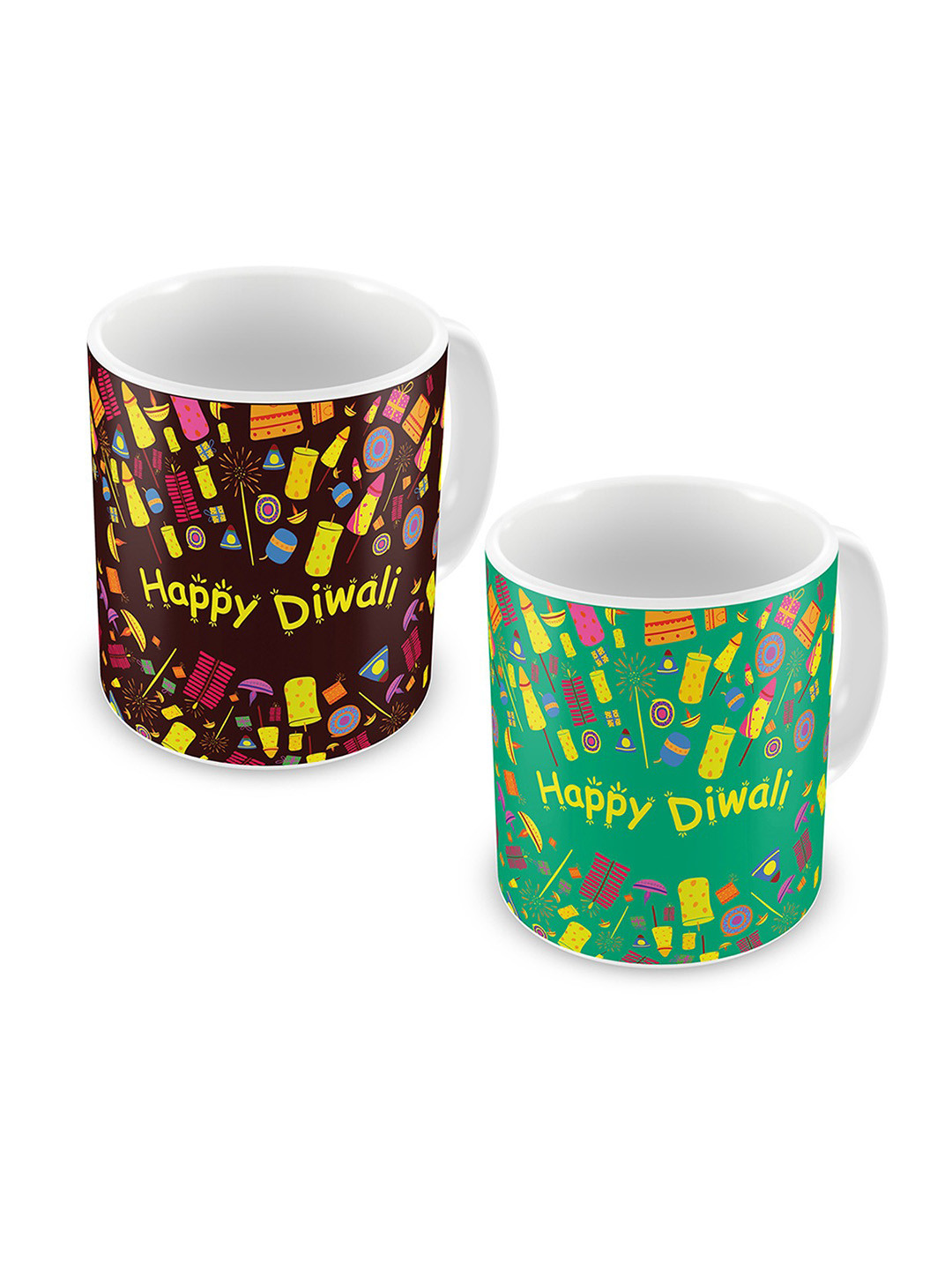 

Indigifts Green & Brown 2 Pieces Printed Ceramic Glossy Mug 330 ml Each