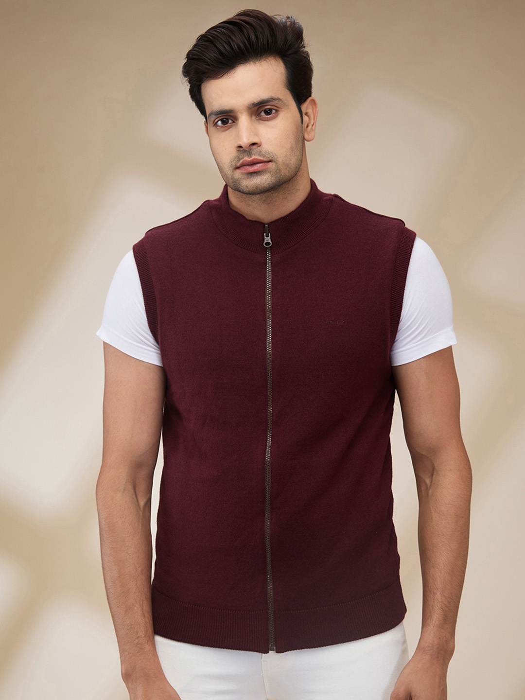 

ColorPlus Men Sleeveless Front-Open Sweater, Brown