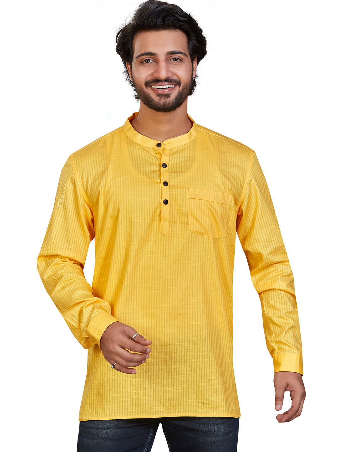 

Authentics Men Contemporary Striped Mandarin Collar Casual Pure Cotton Linen Shirt, Yellow