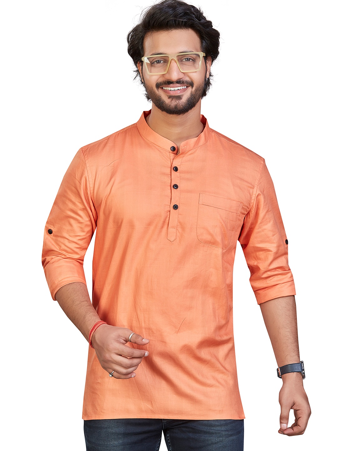 

Authentics Men Contemporary Solid Mandarin Collar Pure Cotton Linen Casual Shirt, Orange