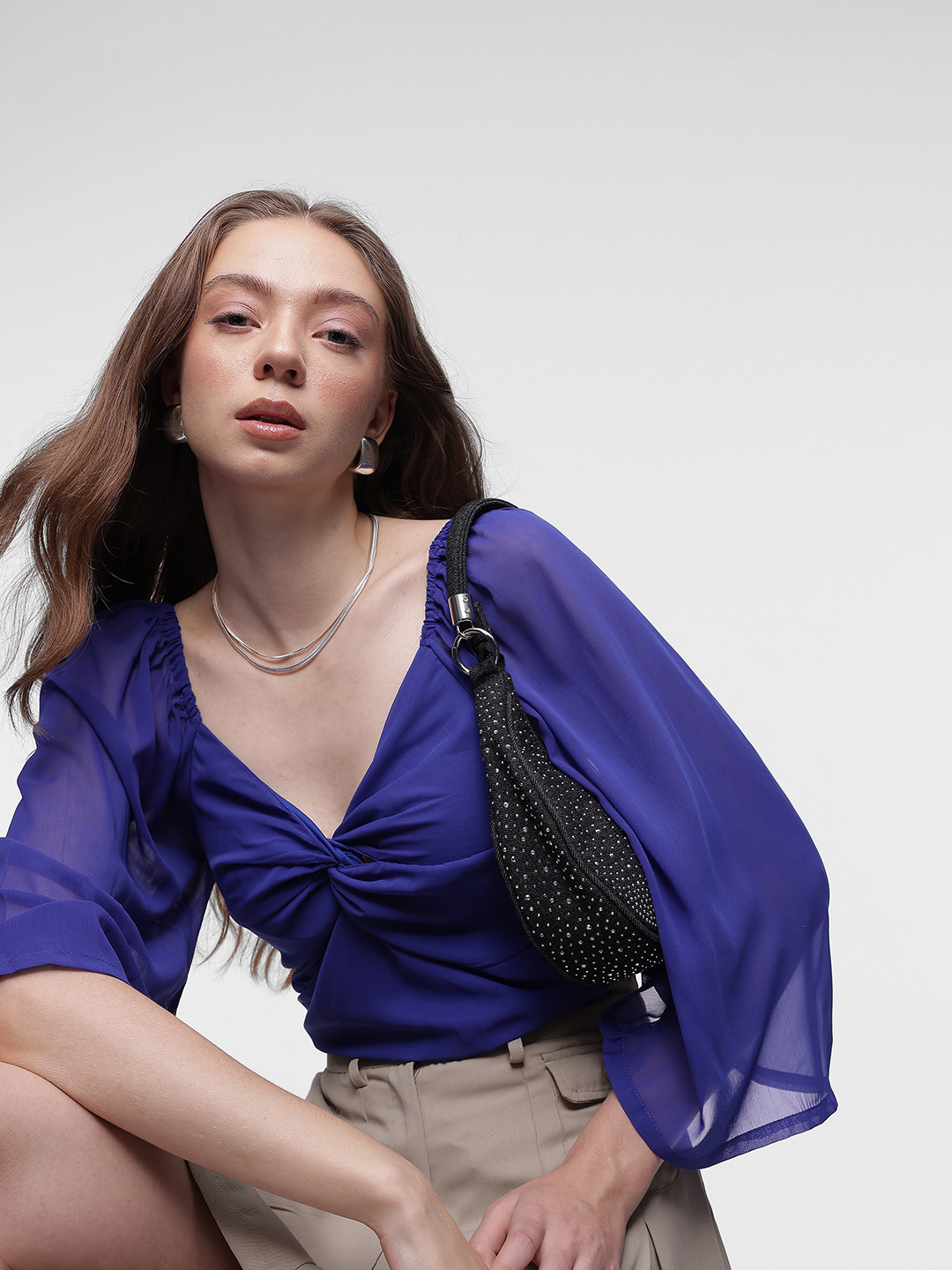 

French Connection Plunge Neck Twisted Semi-Sheer Top, Blue