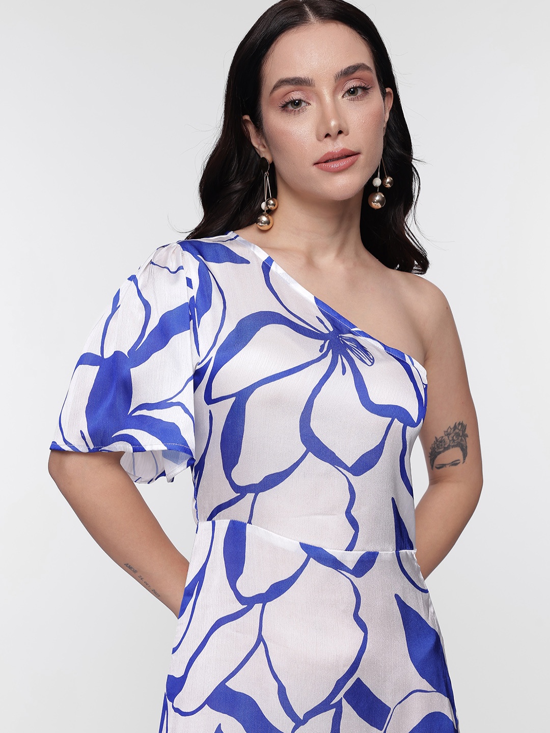 

French Connection Floral Printed One Shoulder Flared Sleeves A-Line Midi Dress, White
