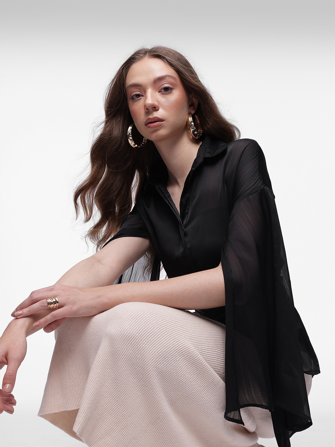 

French Connection Slit Sleeves Crinkle Shirt With Waist Tie-ups, Black