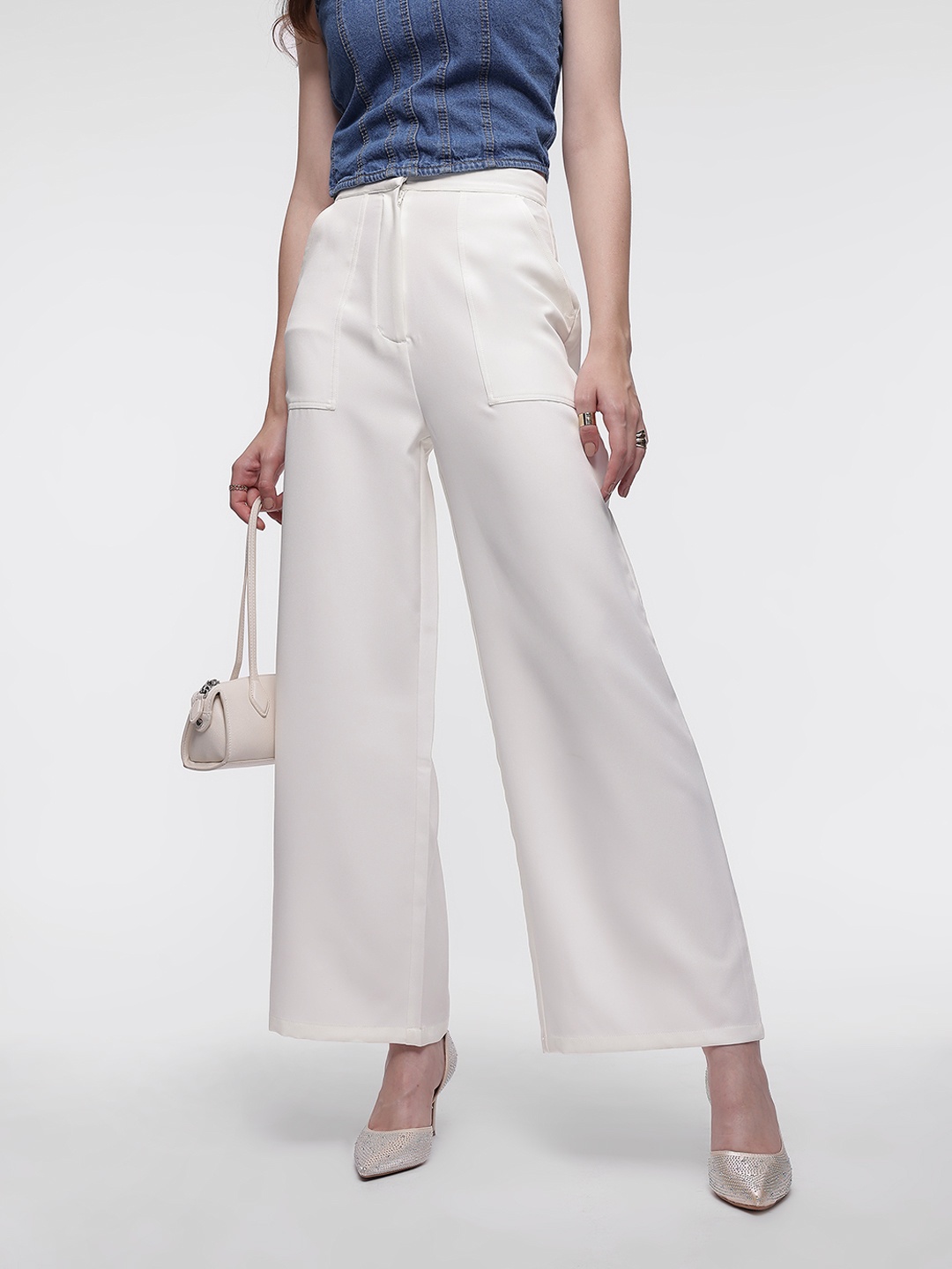 

French Connection Women Mid-Rise Flared Fit Wide Leg Trousers, White