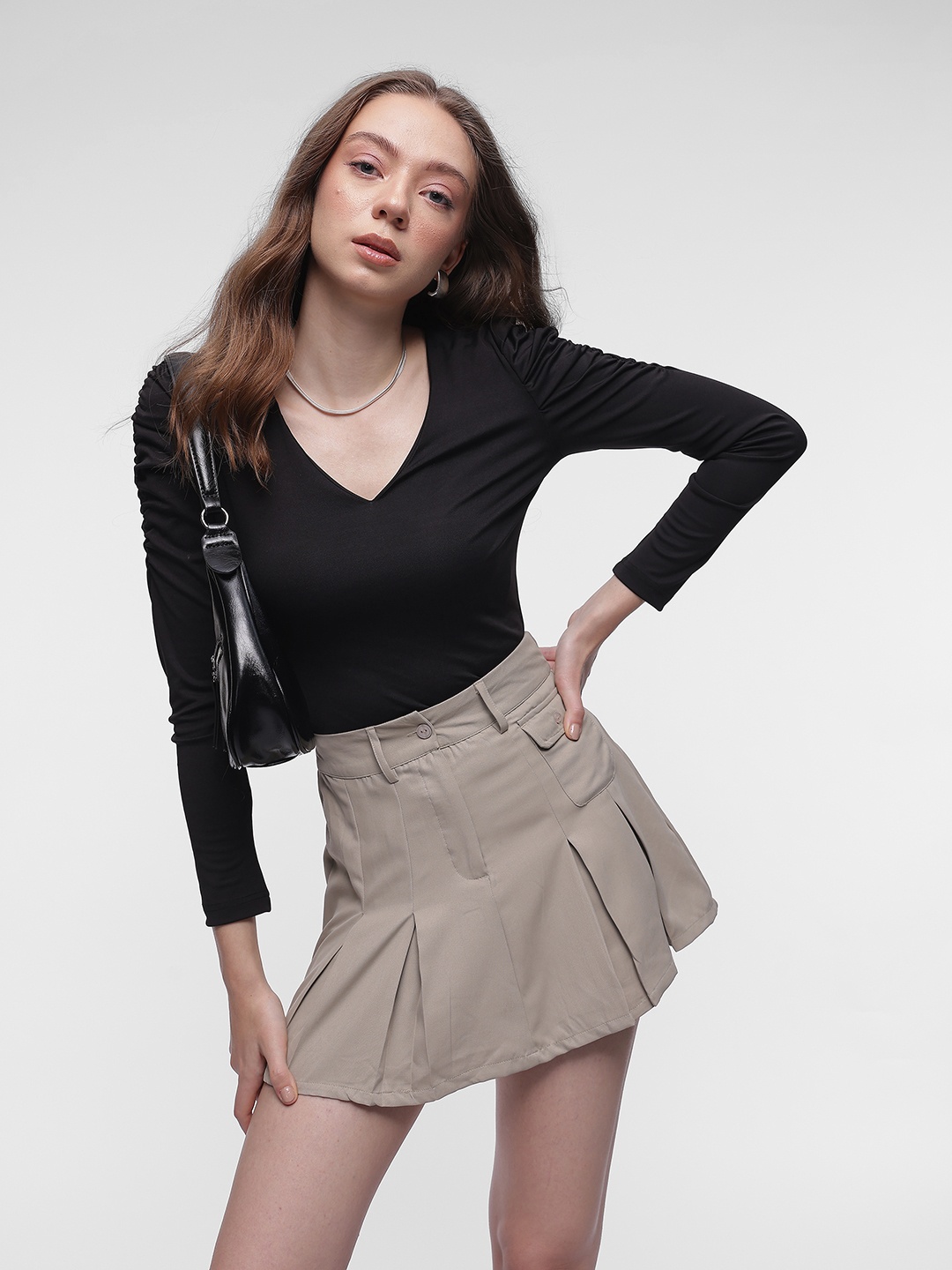 

French Connection Ruched Sleeves Top, Black