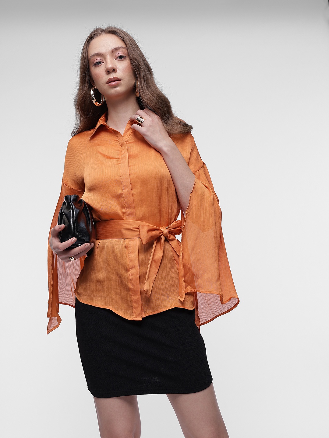 

French Connection Slit Sleeves Crinkle Shirt With Waist Tie-ups, Orange