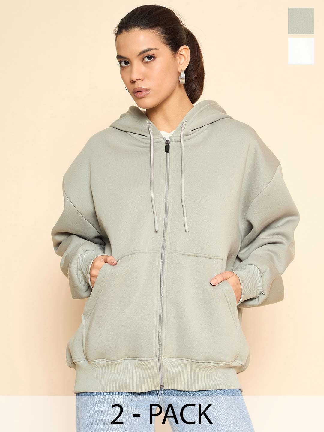

COLOR CAPITAL Pack Of 2 Women Solid Front-Open Cotton Sweatshirts, Grey