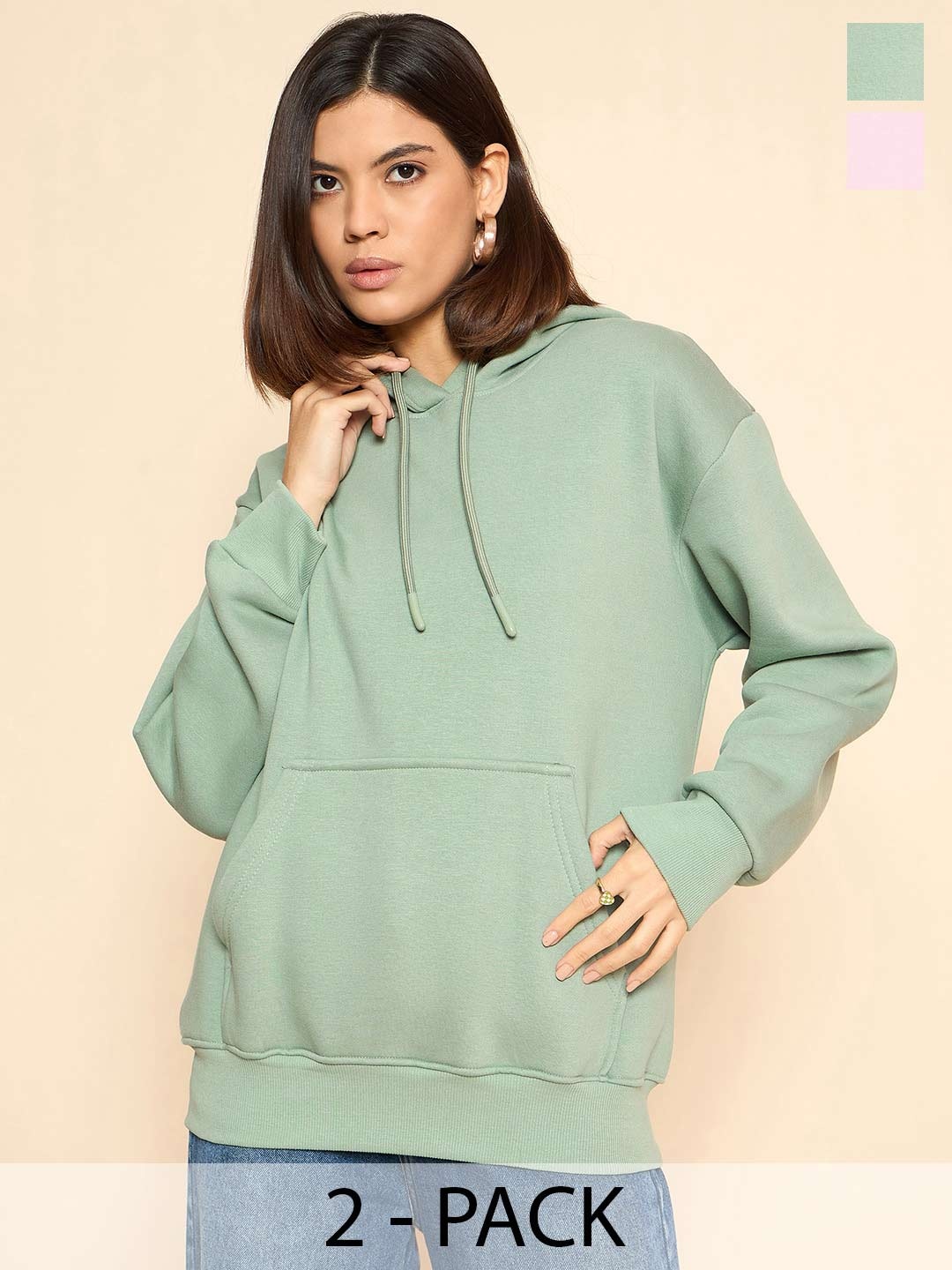 COLOR CAPITAL Pack Of 2 Women Solid Pullover Cotton Sweatshirts, Green