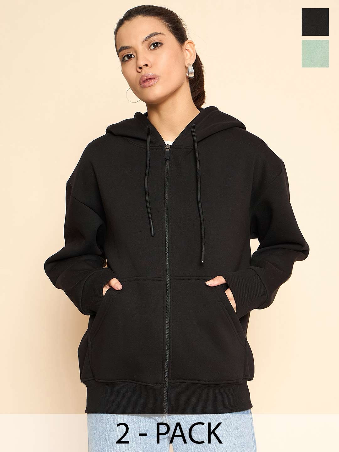 

COLOR CAPITAL Pack Of 2 Women Solid Front-Open Cotton Sweatshirts, Black