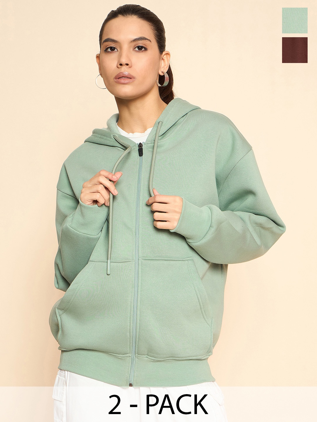 

COLOR CAPITAL Women Pack Of 2 Solid Hooded Oversized Front-Open Cotton Sweatshirts, Sea green