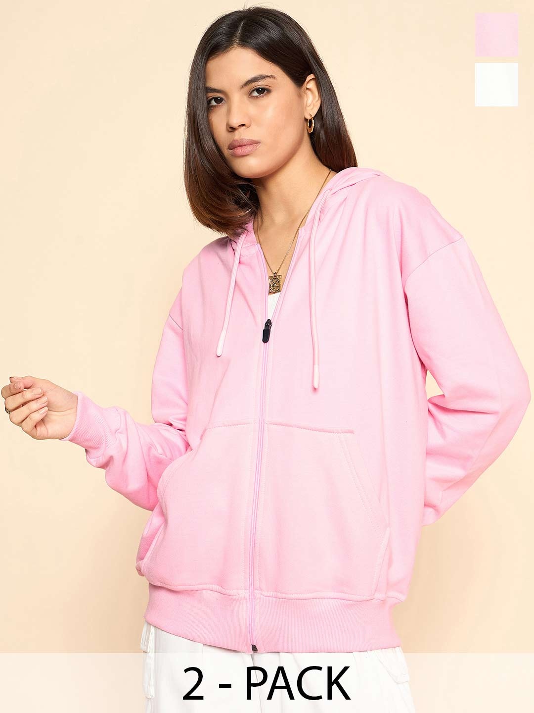 

COLOR CAPITAL Pack Of 2 Women Solid Front-Open Cotton Sweatshirts, Pink