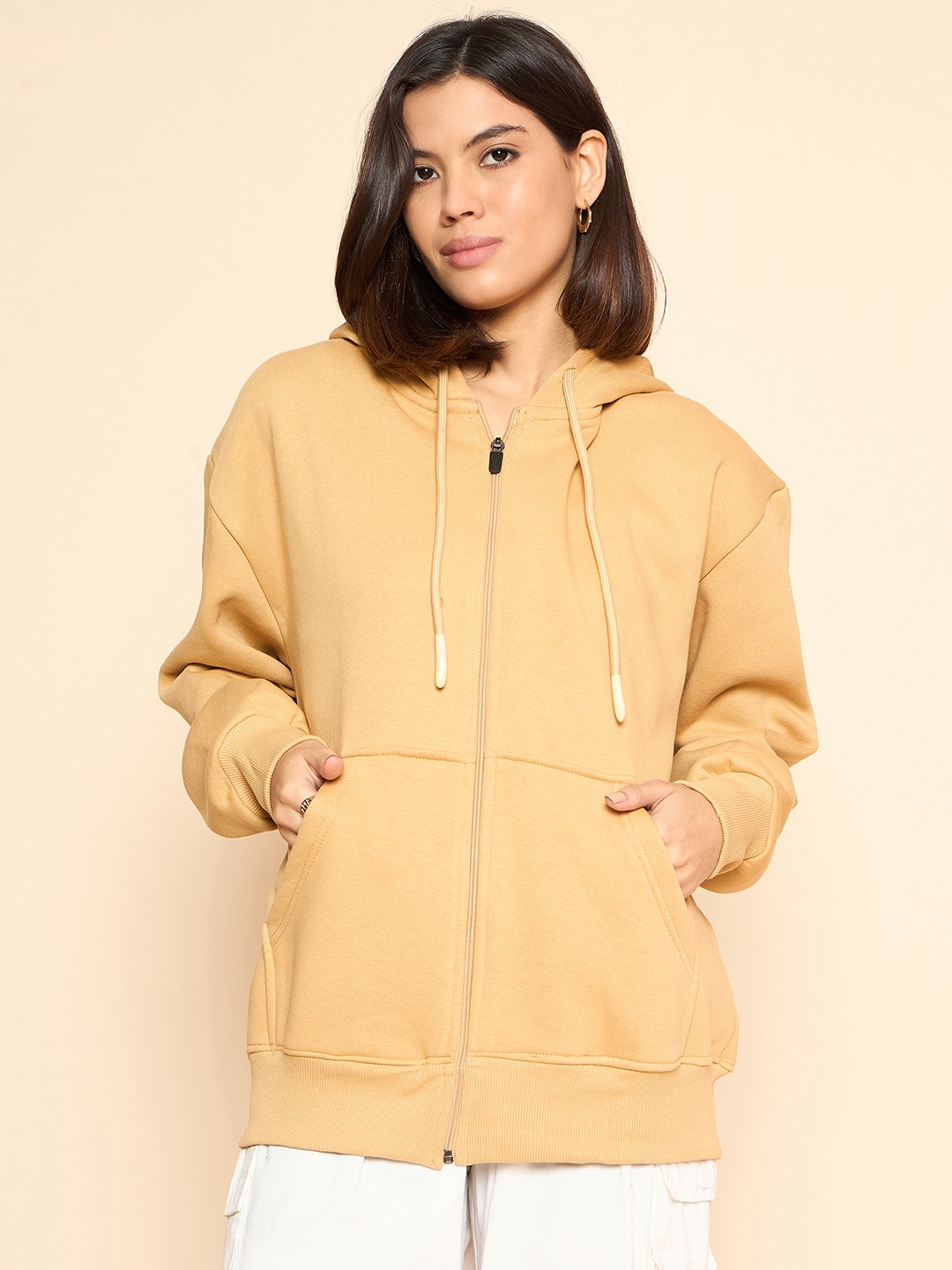 

COLOR CAPITAL Women Solid Hooded Oversized Cotton Sweatshirt, Beige