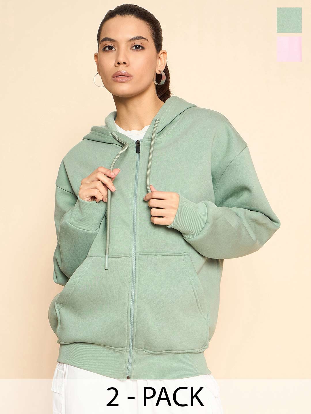 

COLOR CAPITAL Pack Of 2 Women Solid Front-Open Cotton Sweatshirts, Green