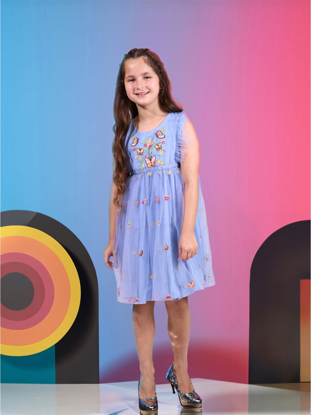 

Whistle & Hops Floral Embroidered Net Fit & Flare Midi Dress, Blue