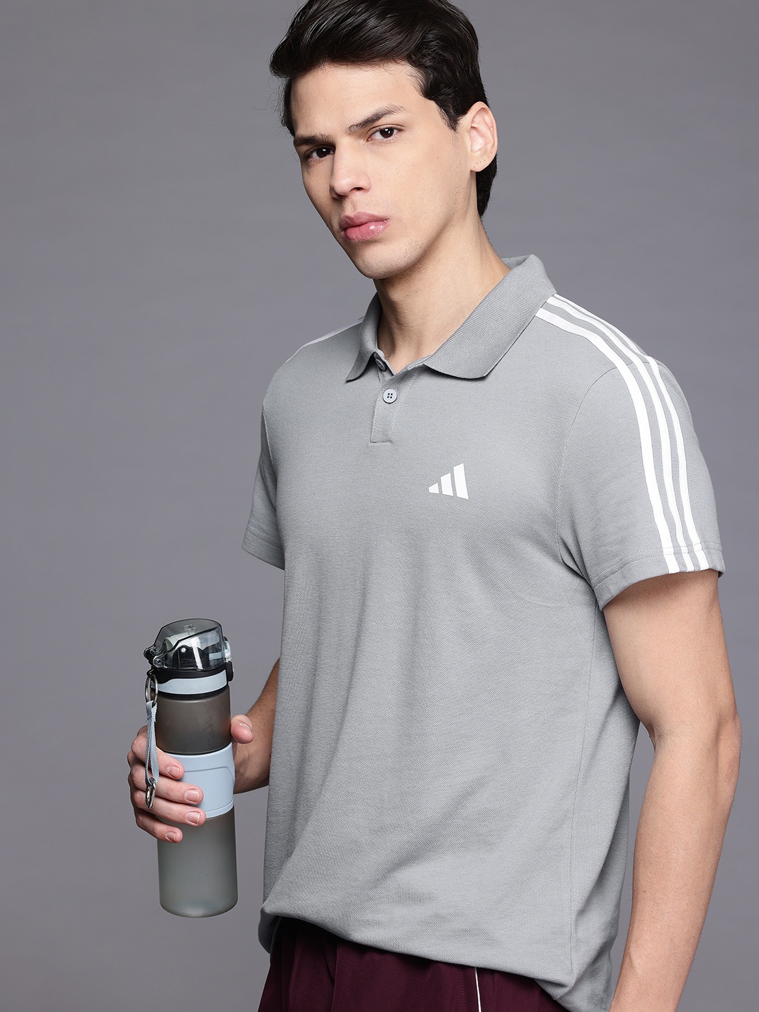 

ADIDAS 3-Striped Logo Detail Polo T-shirt, Grey