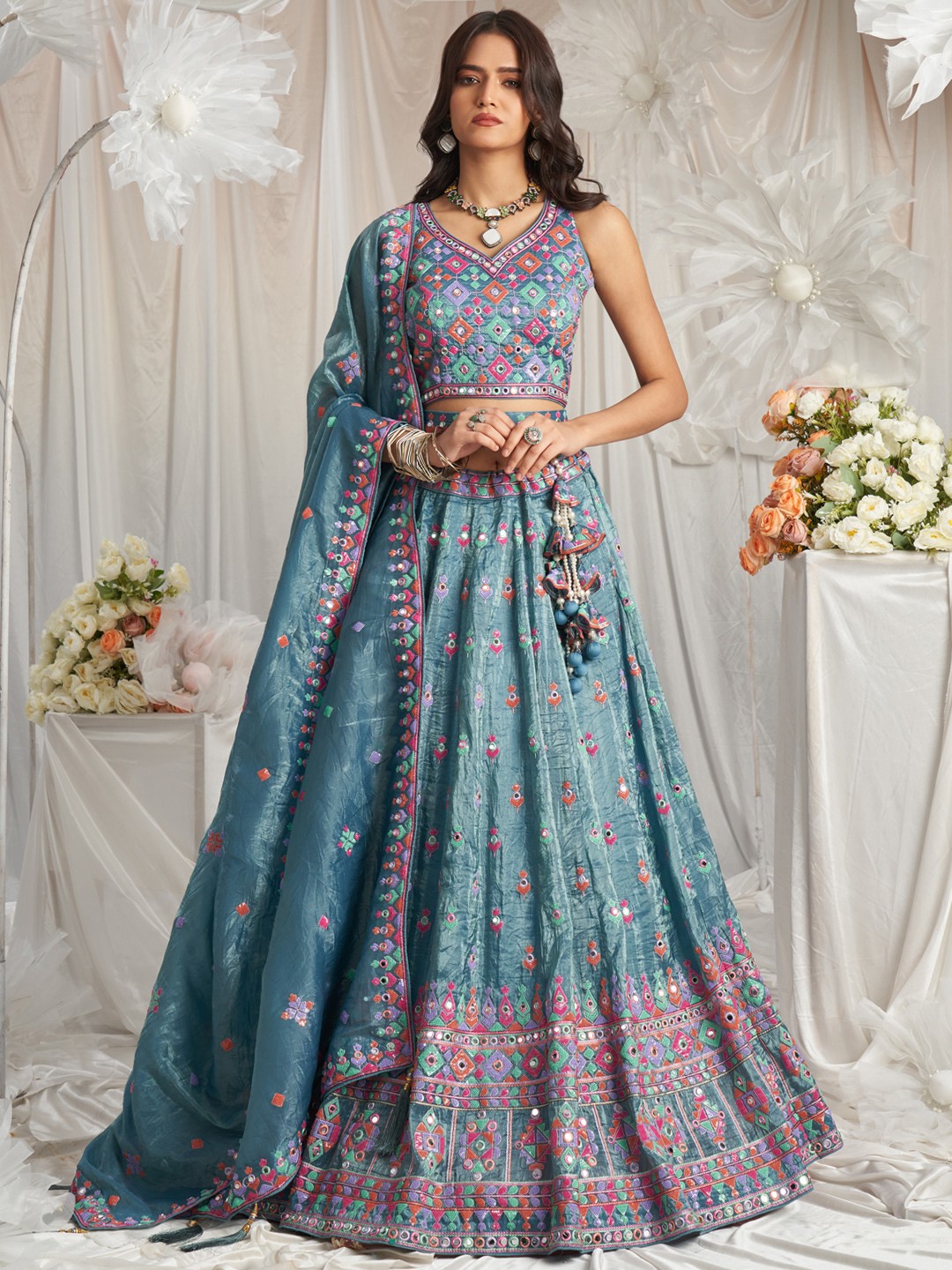 

panchhi Embroidered Mirror Work Organza Semi-Stitched Lehenga Choli, Teal