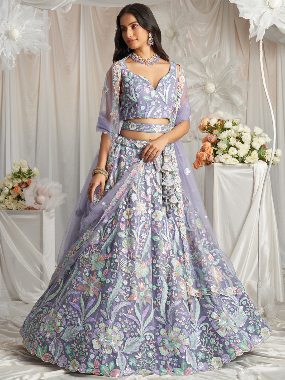 

panchhi Embroidered Sequinned Net Semi-Stitched Lehenga & Unstitched Blouse With Dupatta, Mauve