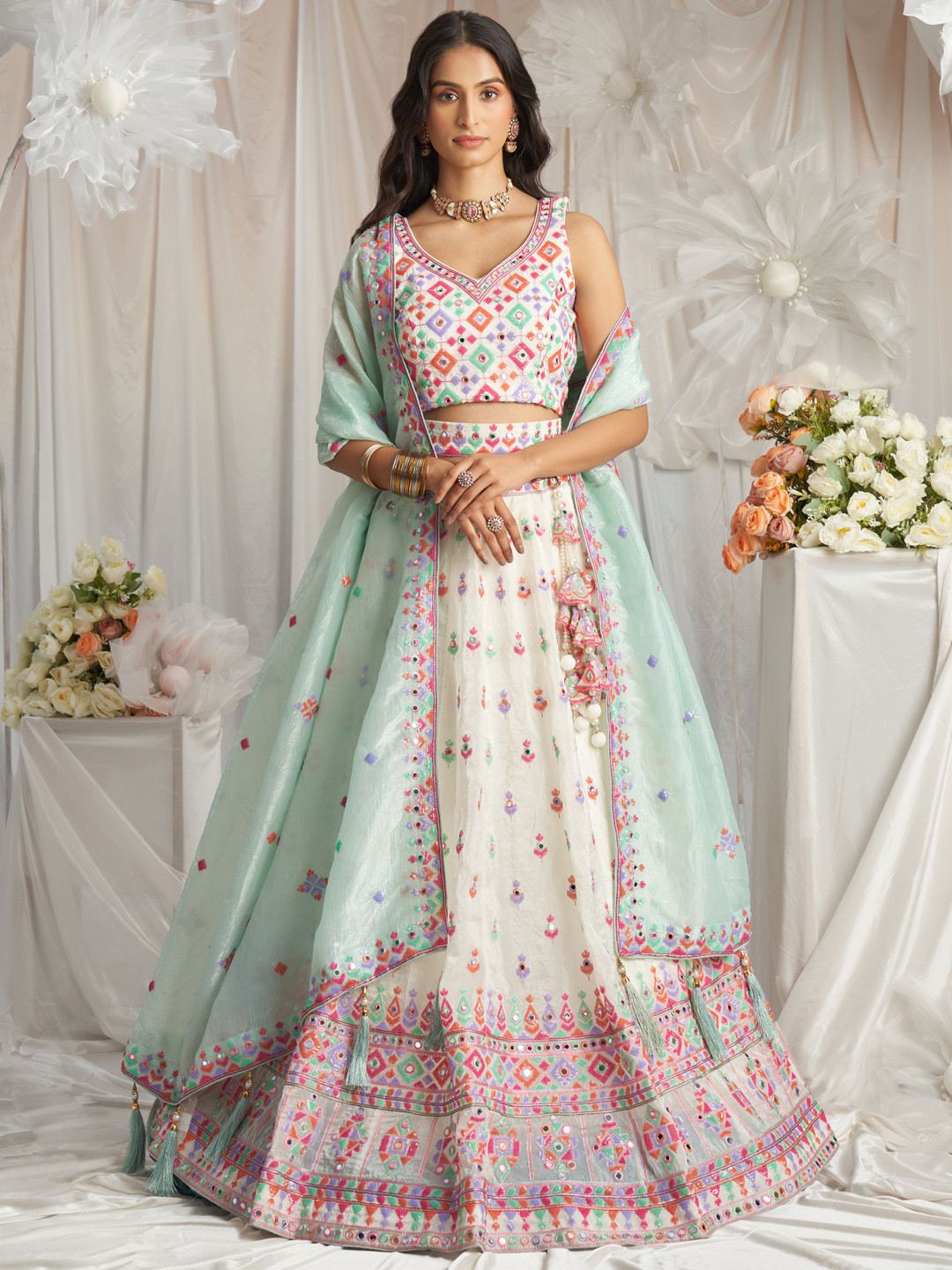 

panchhi Embroidered Mirror Work Semi Stitched Lehenga & Unstitched Blouse With Dupatta, Cream
