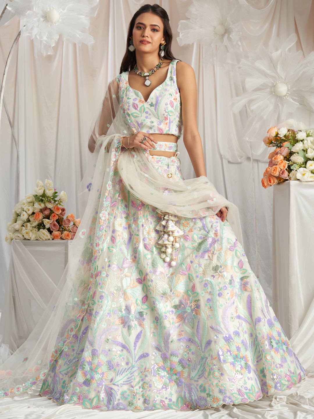 

panchhi Embroidered Sequinned Net Semi Stitched Lehenga & Unstitched Blouse With Dupatta, Cream