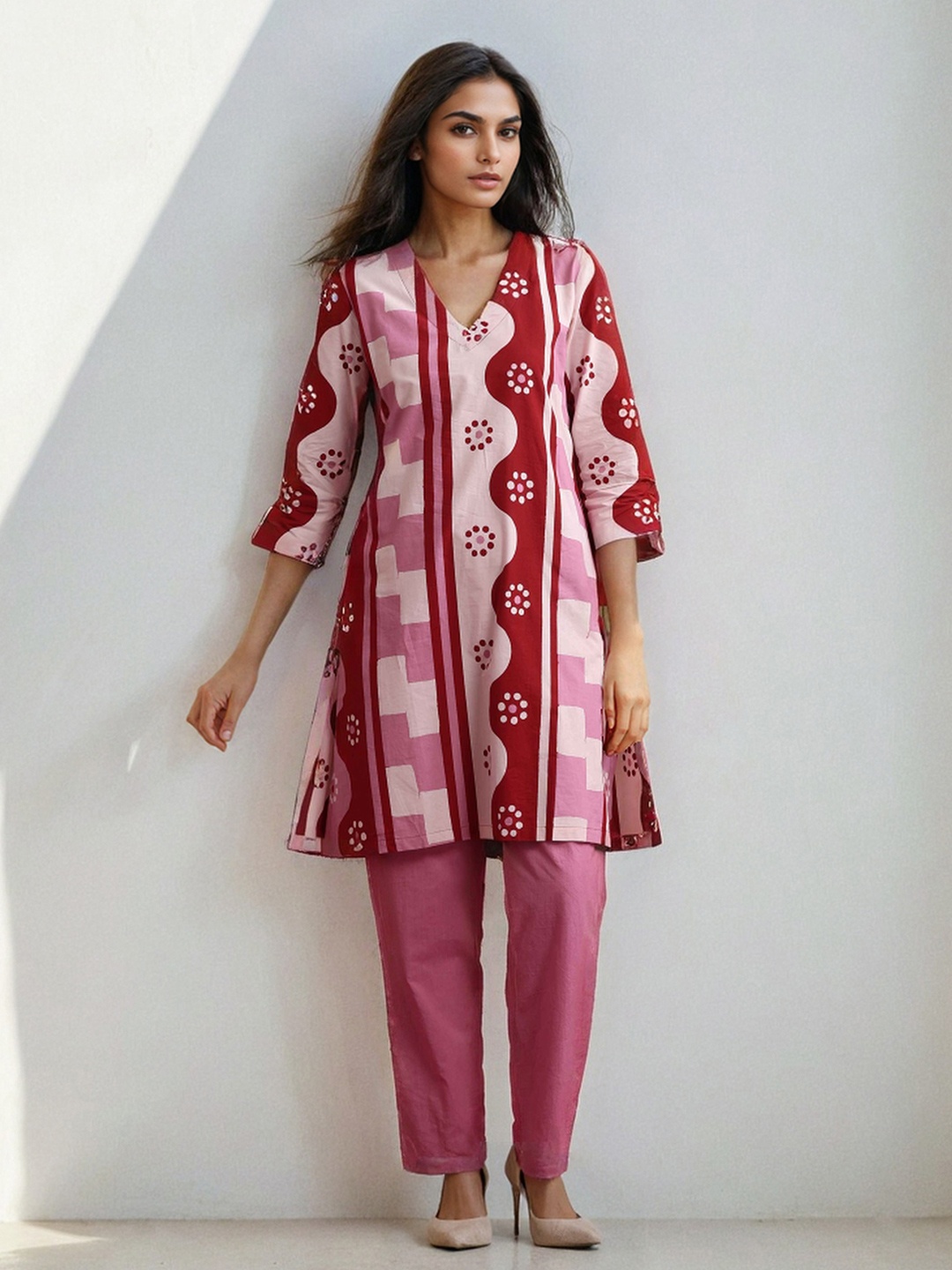 

trueBrowns Geometric Printed Pure Cotton Tunic With Trousers, Pink