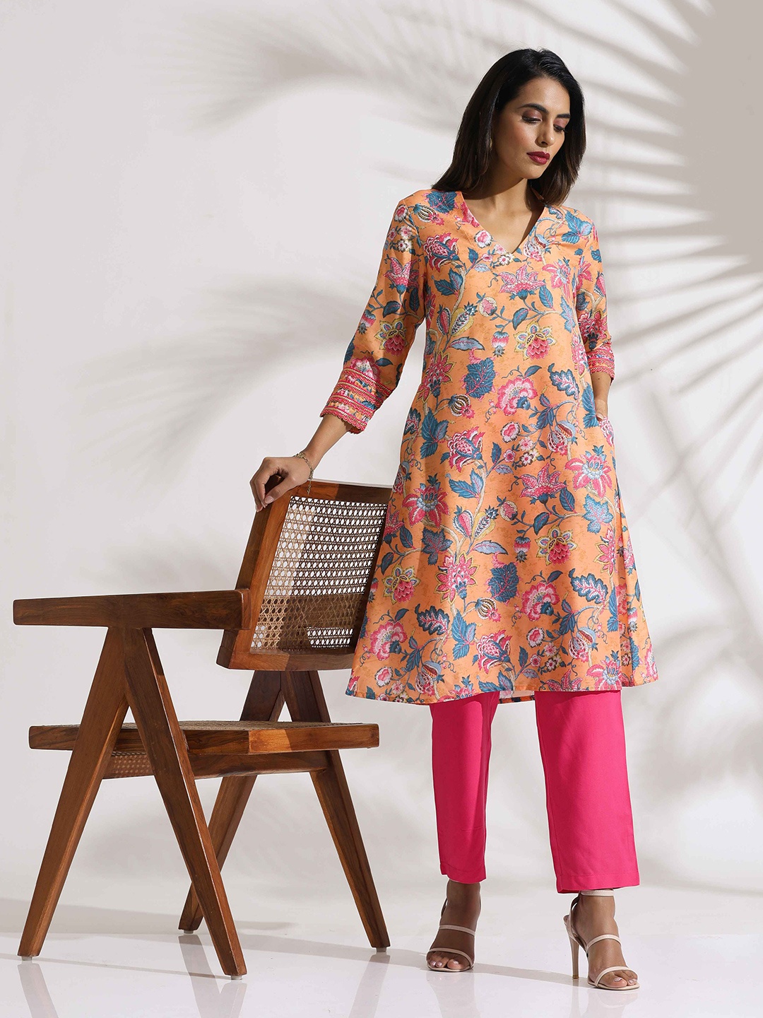 

trueBrowns Floral Printed Tunic With Trousers, Orange