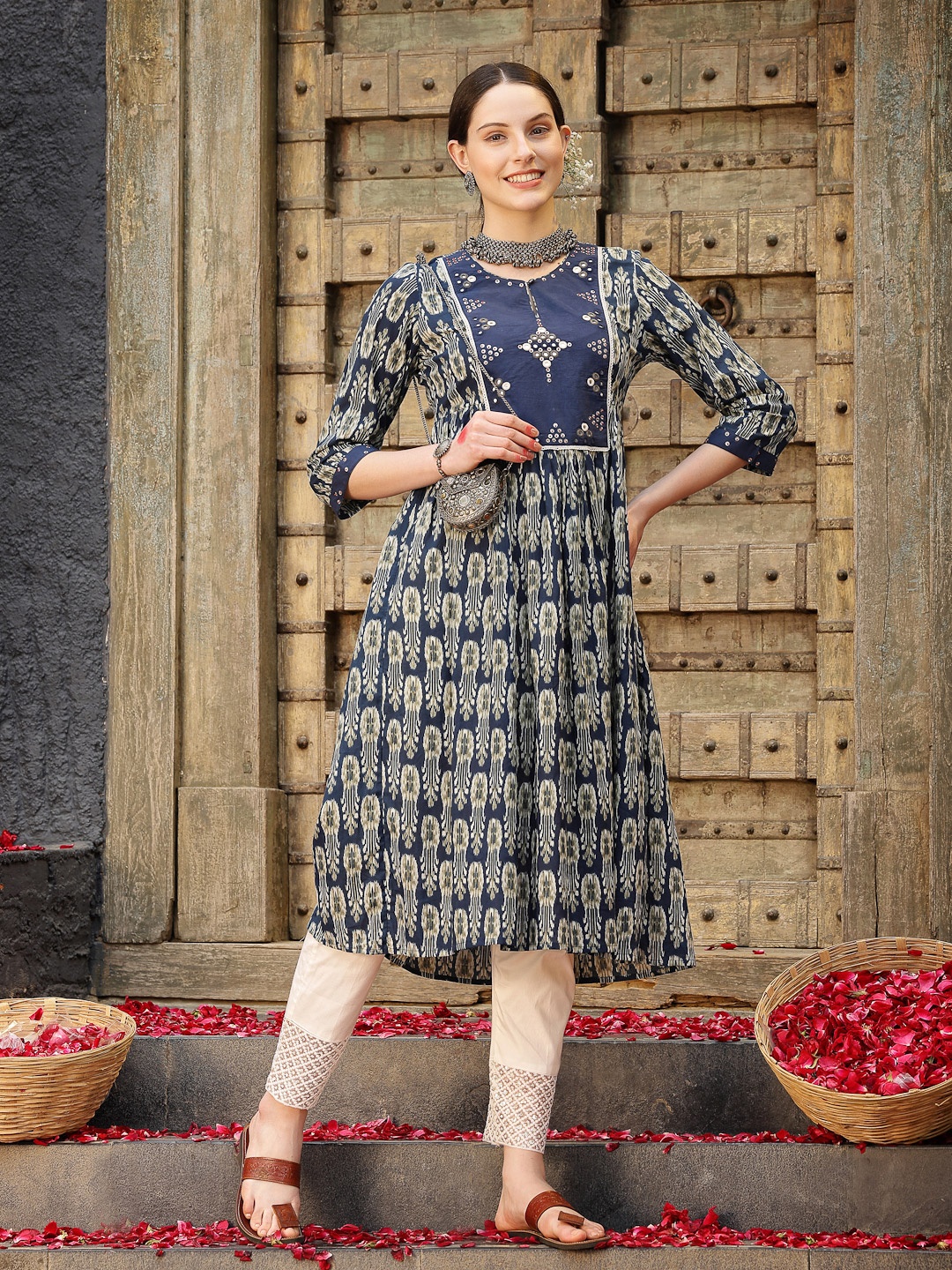 

Nayam By Lakshita Ethnic Motifs Printed Cotton Fit & Flare Midi Dress, Navy blue