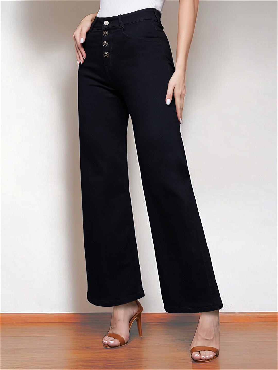 

Miss Chase Women Wide Leg High-Rise Stretchable Jeans, Black