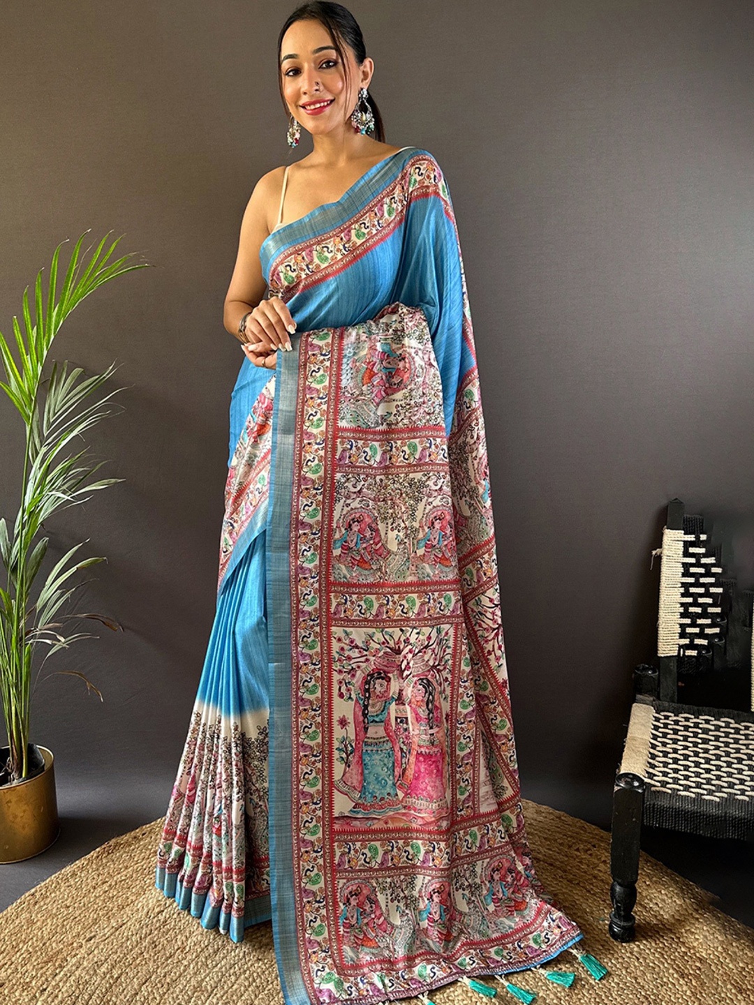 

MySilkLove Kalamkari Zari Tussar Saree, Blue