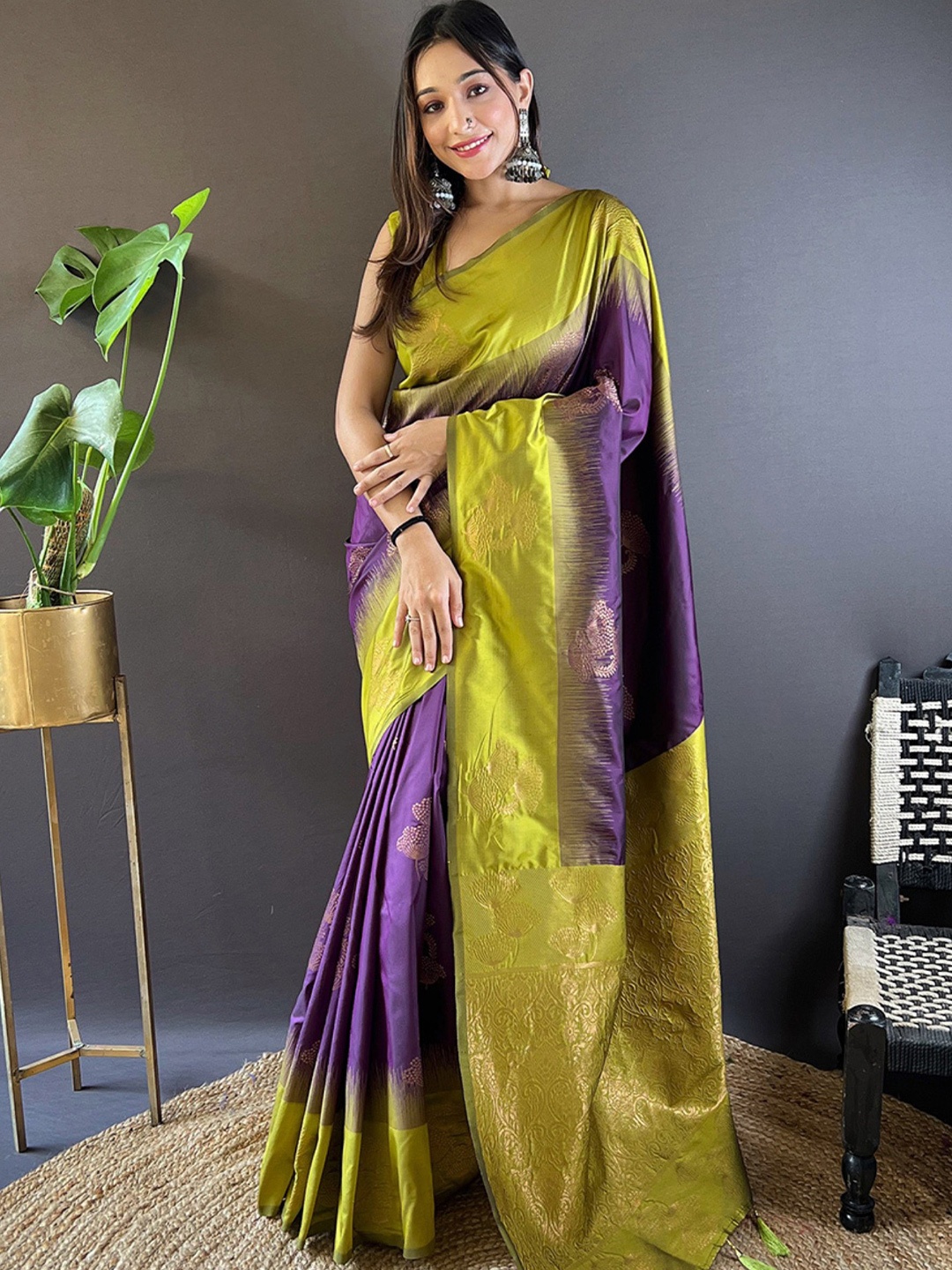 

MySilkLove Women Woven Design Zari Silk Blend Banarasi Saree unstitched blouse piece, Purple