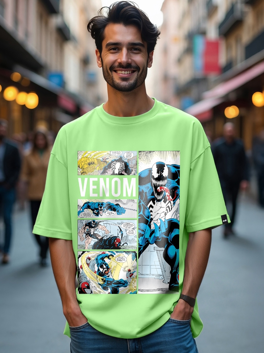 

Bewakoof Men Graphic Printed Round Neck Pure Cotton Oversized T-shirt, Green