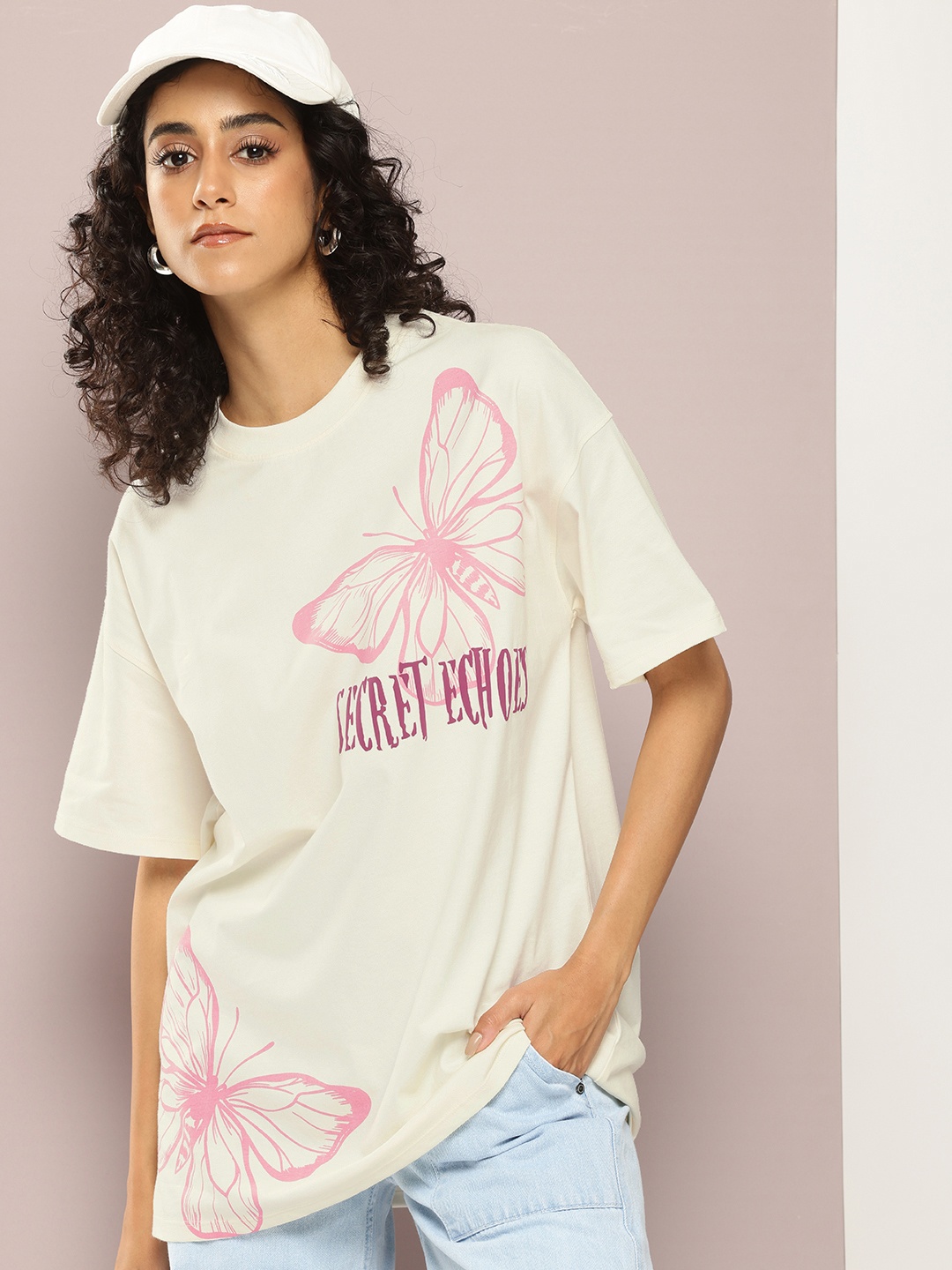

Kook N Keech Printed Drop-Shoulder Sleeves Oversized T-shirt, Cream