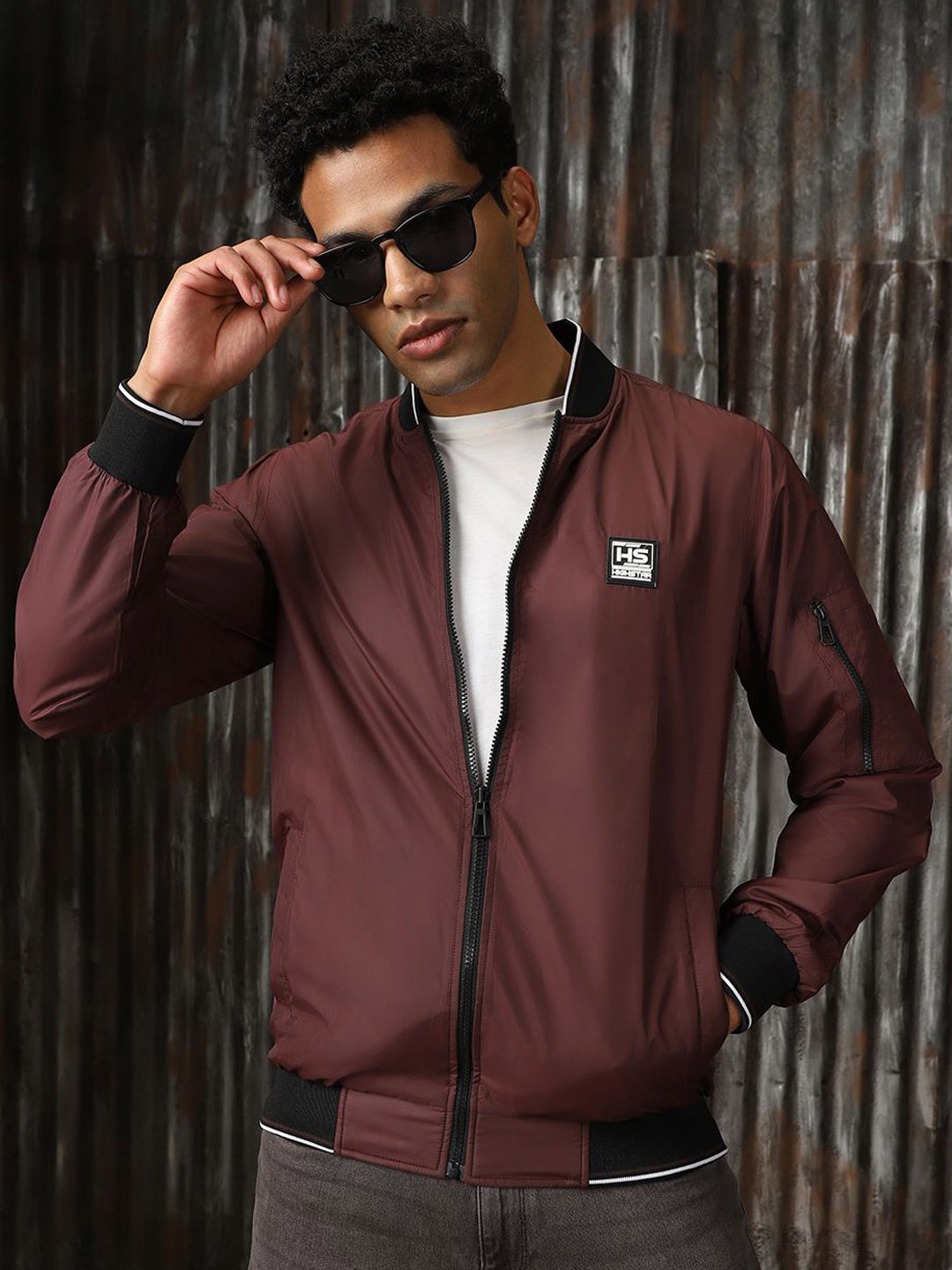 

High Star Men Lightweight Mandarin Collar Bomber Jacket With Patchwork, Maroon