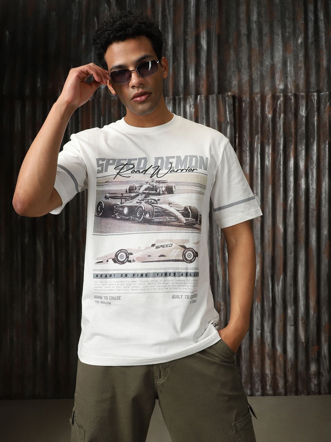 

High Star Men Moto Racer Printed Regular Fit Cotton T-shirt, White
