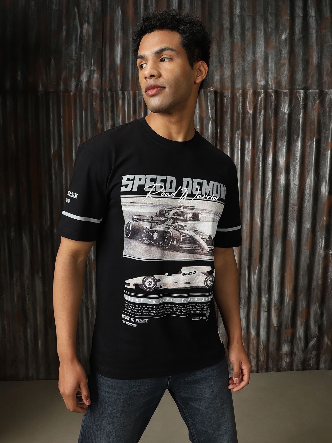 

High Star Men Moto Racer Printed Regular Fit Cotton T-shirt, Black