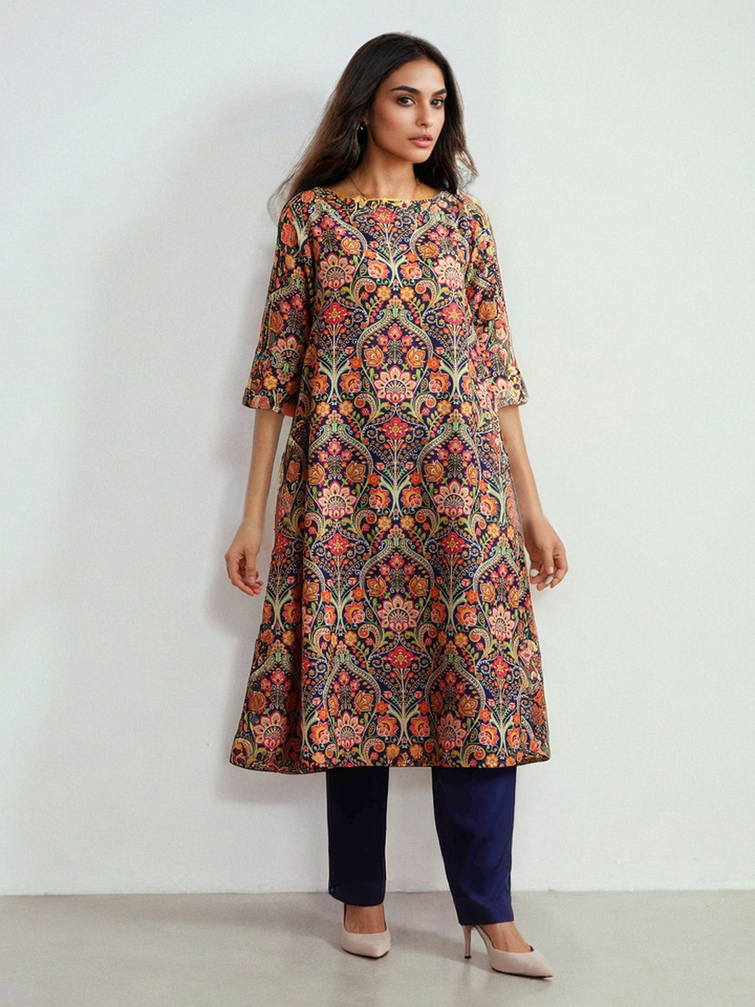 

trueBrowns Ethnic Motifs Printed Round Neck A-Line Kurta with Trousers, Blue