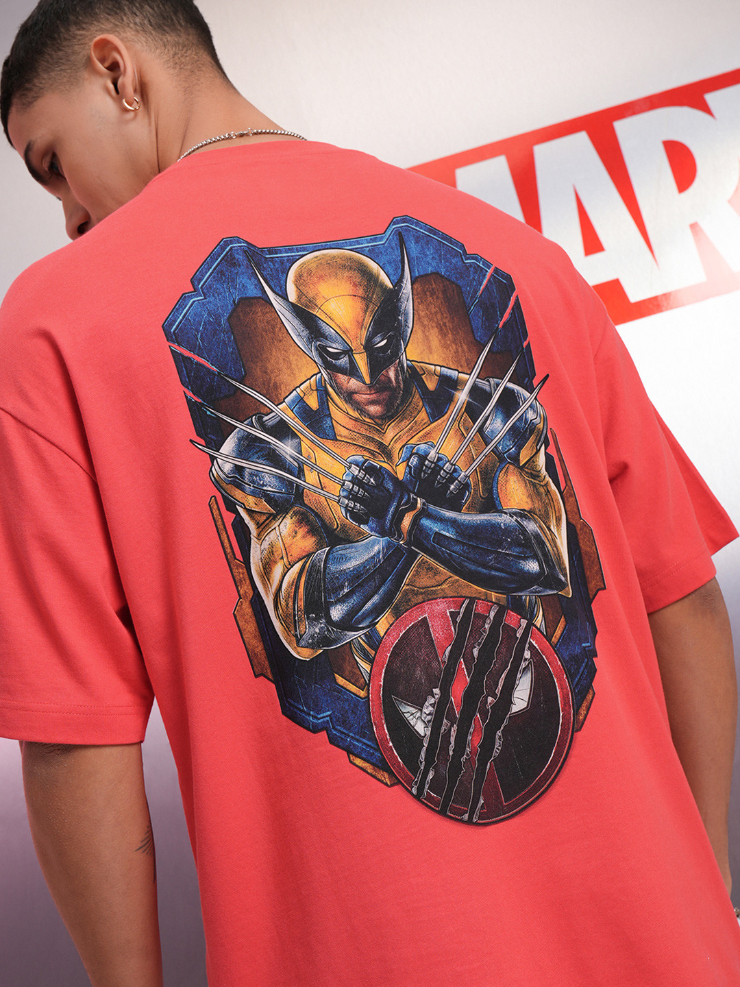 

HIGHLANDER Men Deadpool & Wolverine Printed Oversized Drop Shoulder Sleeves Cotton Tshirt, Red