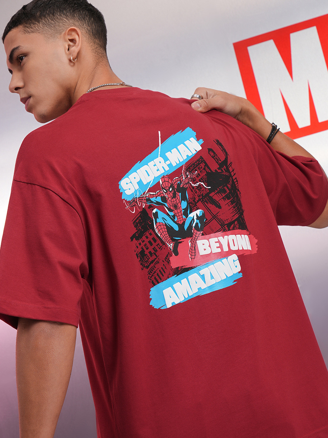 

HIGHLANDER Men Spider Man Printed Oversized Drop Shoulder Sleeves Cotton Tshirt, Maroon