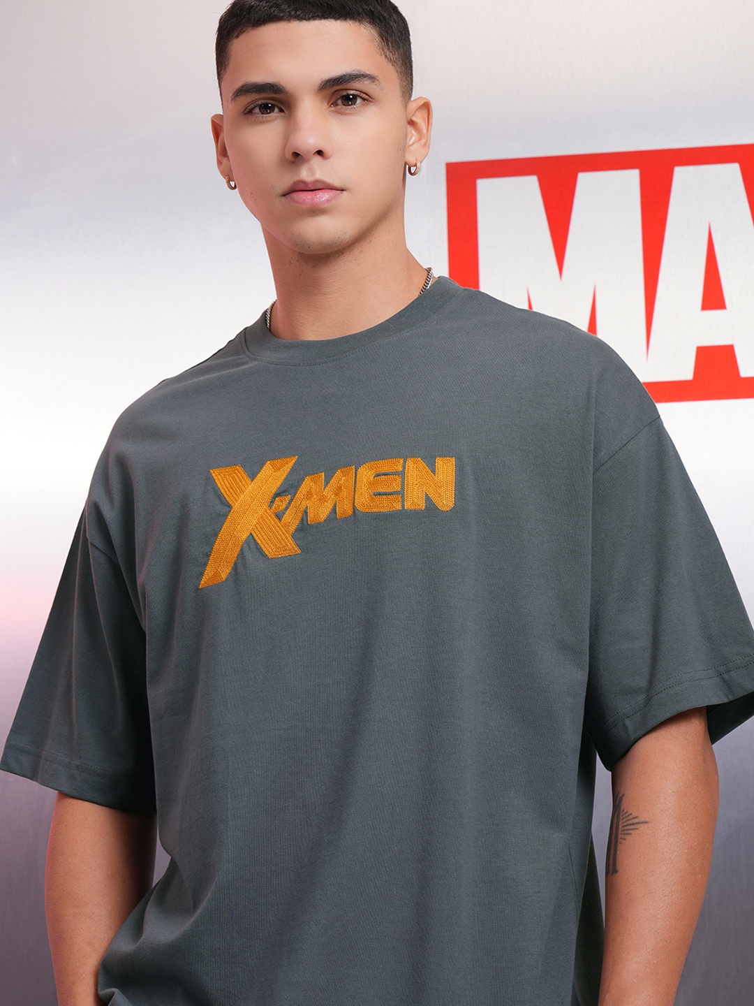 

HIGHLANDER Marvel Men X Men Round Neck Oversized Drop Shoulder Tshirt, Grey