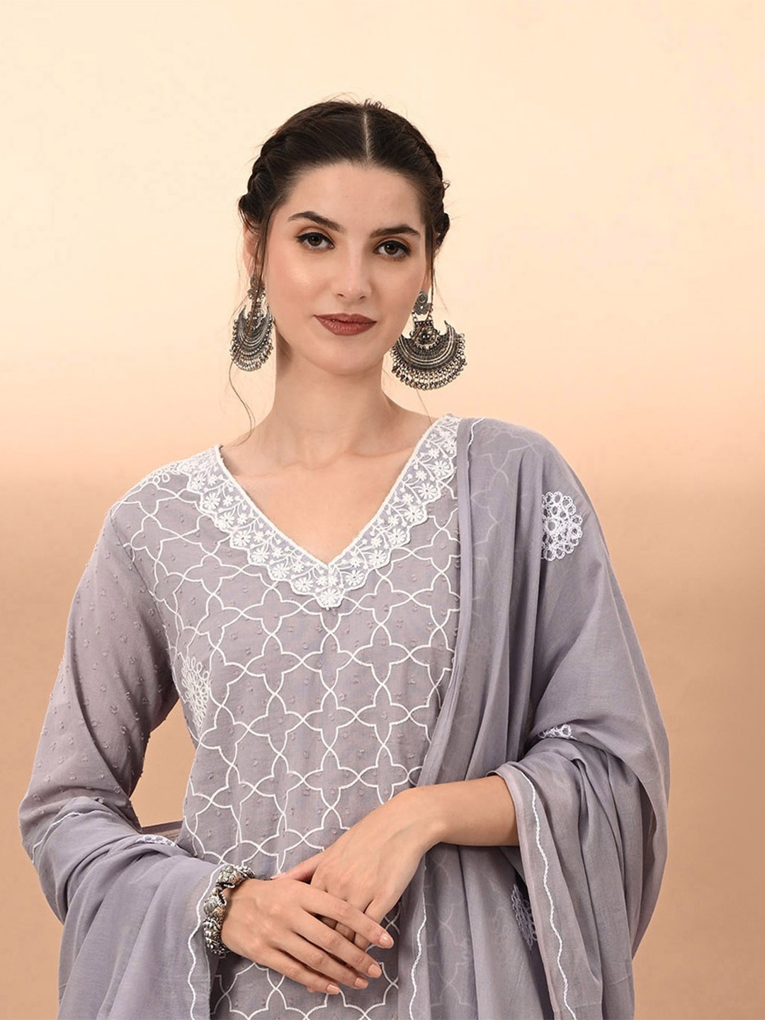 

KALINI Floral Embroidered Thread Work Pure Cotton Kurta with Trousers & Dupatta, Blue