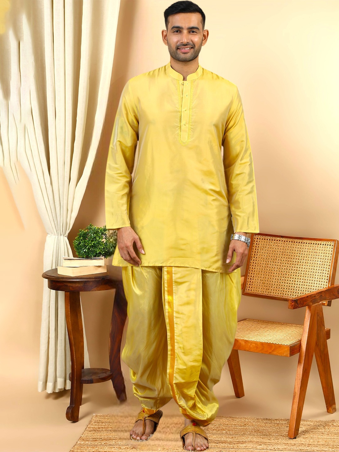 

TATTVA Mandarin Collar Long Sleeves Regular Straight Kurta With Dhoti Pant With Dupatta, Gold
