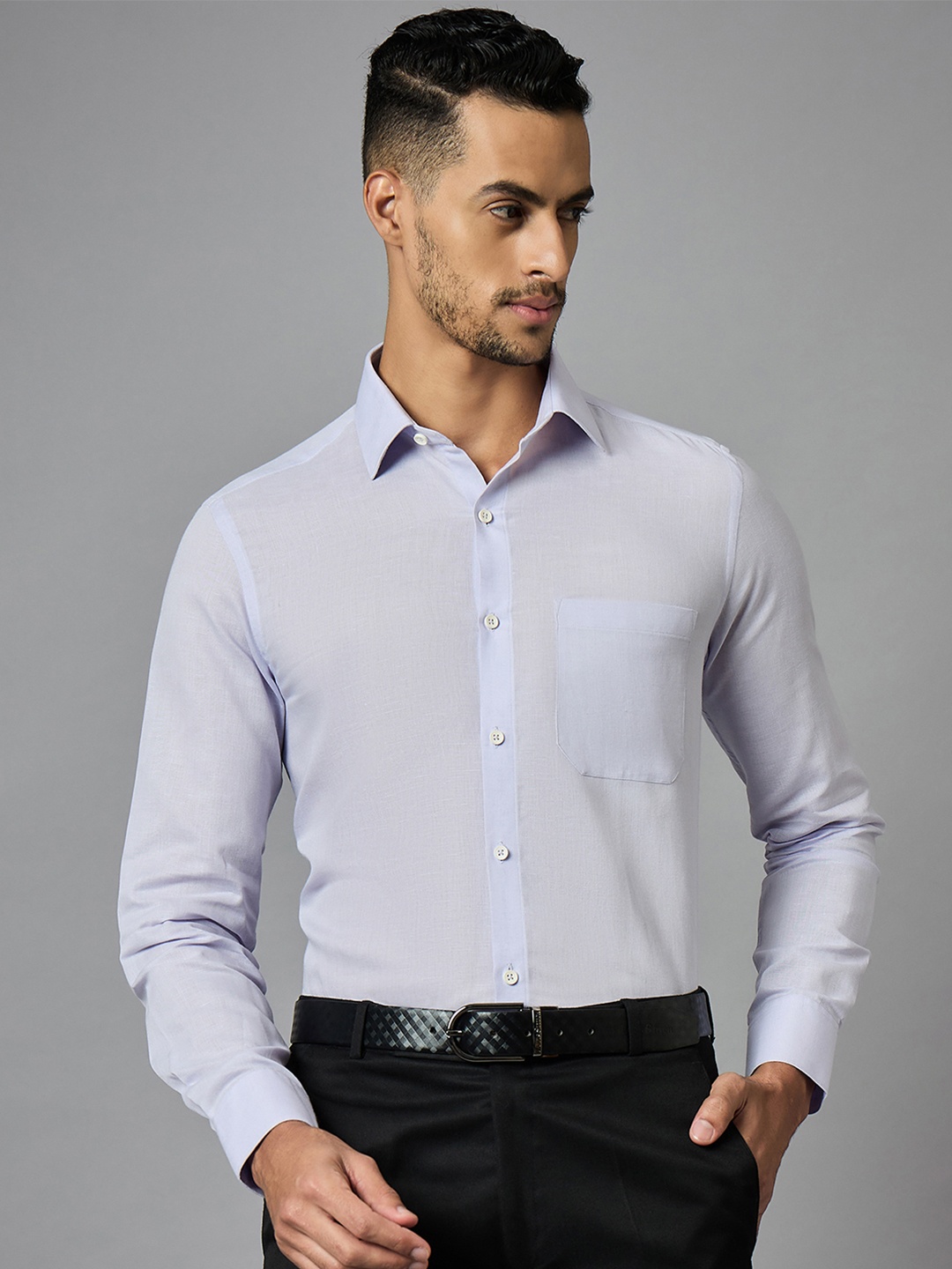 

LOUIS STITCH Men Classic Purple Spread Collar Solid Cotton Linen Formal Shirt
